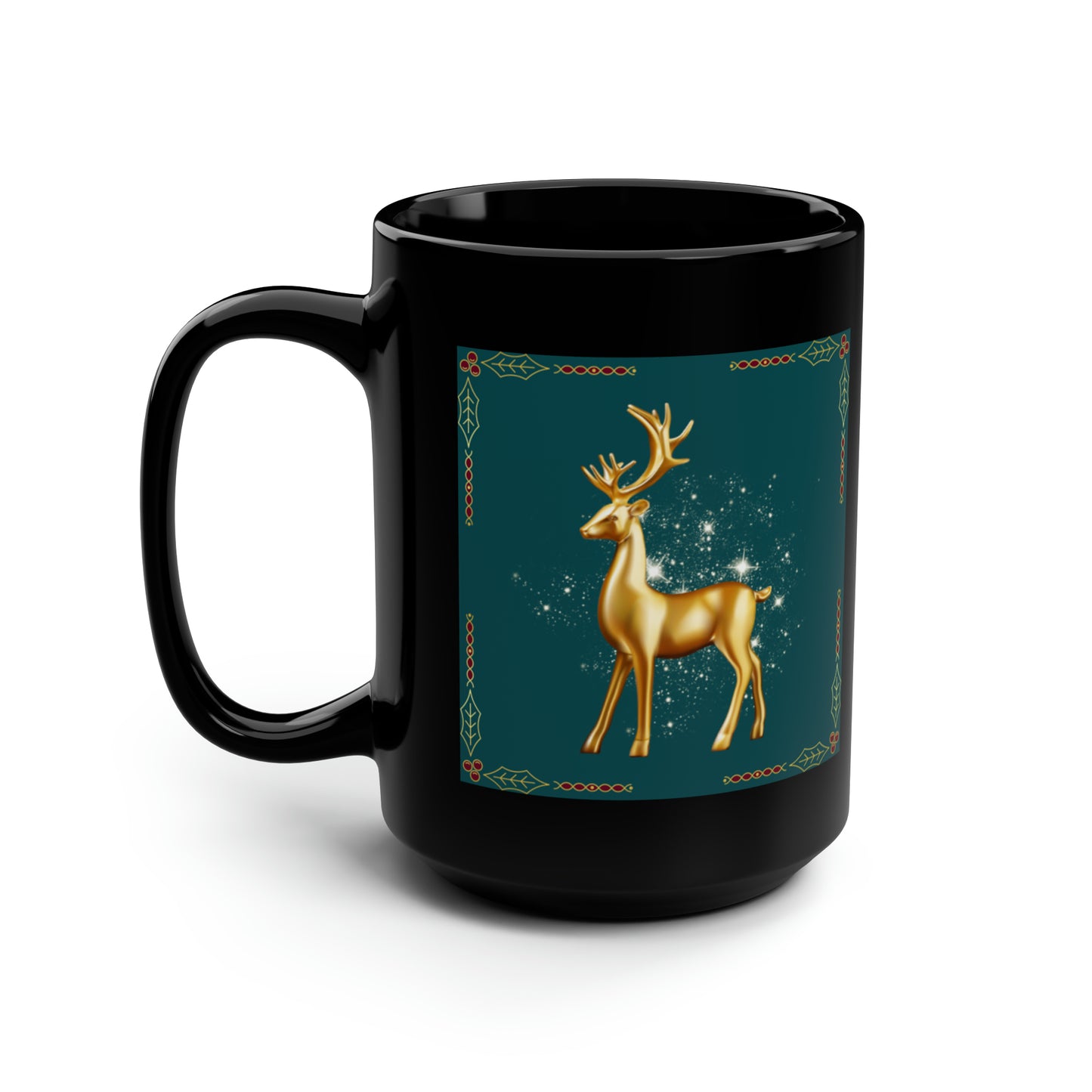 Holiday Reindeer- Black Mug, 15oz